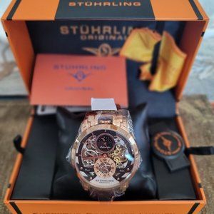 🔥Stuhrling 906 Menai Rose Goldtone Skeleton 2 Time Open Heart Men Watch🔥